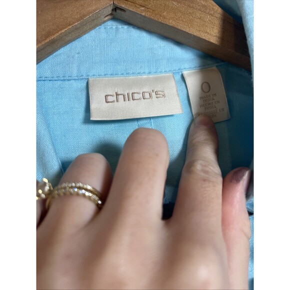 Chico's Jacket Woman's Size 0 Linen Aqua Blue 3/4 Roll Sleeve Button - Picture 2 of 4